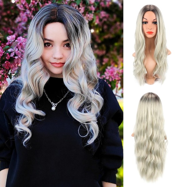 Shahnaneh Long Wavy Wig Natural Curly Milddle Part Long Hair Wig Synthetic Heat Resistant Fiber Colorful Costume Wig Daily Partye Cosplay Wigs Fashion Girls Ombre Platinum 26 Inch