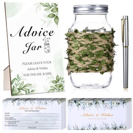 Advice and Wishes for The Mr and Mrs - Bridal Shower Decorations with 50 Floral Wedding Advice Card, Mason Jar, Wooden Sign, Eucalyptus Leaf Ribbon and Pen, Wedding Shower Games for Reception Guests