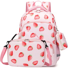 MIRLEWAIY Backpack for School Girls Kids Book Bag Set with Insulated Lunch Box Pencil Bag, Pink Strawberry