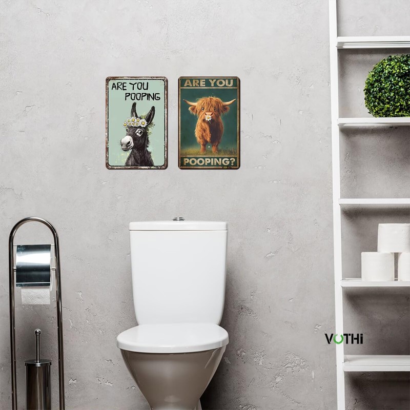 VOTHI Highland Cow Tin Signs ; Are You Pooping;Funny Bathroom