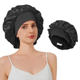 Adjustable Double-Layer Satin Hair Bonnet for Women & Men, Silk Sleep Cap for Hair Care (1pc, Black)