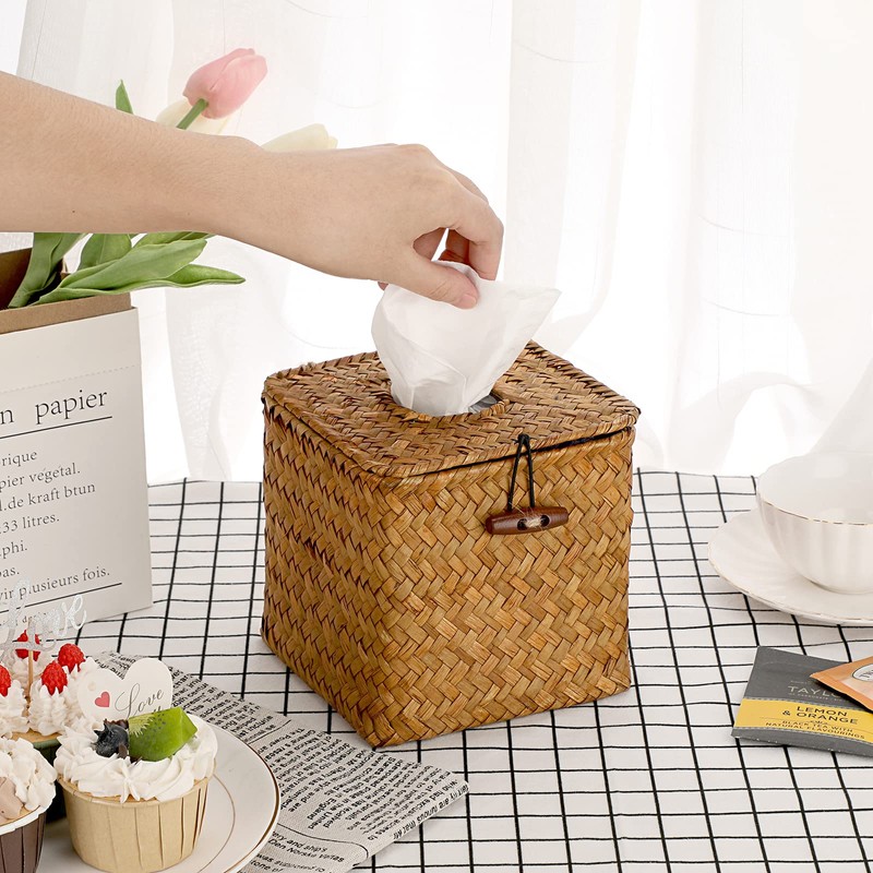 BTSKY Square Seagrass Tissue Box - Decorative Woven Basket Paper