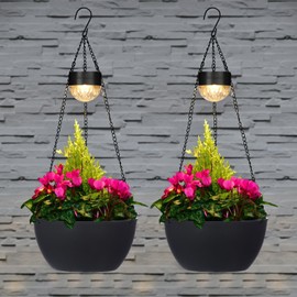 2 Packs Solar Hanging Basket Planters for Plants Outdoor, Self Watering Black Flower Plants Pots with Solar Light Drainer for Balcony Patio Garden Outdoor Decoration