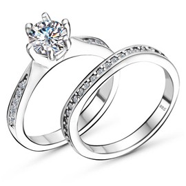 Solid Genuine 925 Sterling Silver Cubic Zirconia Bridal Rings Sets Round Brilliant Cut CZ Engagement Rings Wedding Band For Women (Ring Set D, 8)