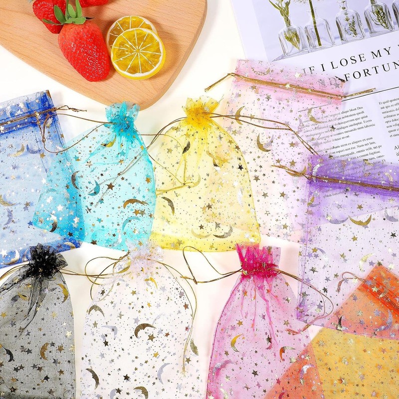 Moon Star Organza Bags,100Pcs Moon Star Mesh Gift Pouches Candy