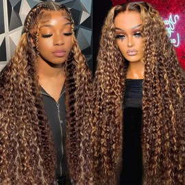 5X5 HD Lace Closure Wigs Human Hair Deep Wave Lace Front Wigs Human Hair Ombre Honey Blond Glueless Wigs Human Hair Pre Cut Wear and Go Glueless Lace Closure Wig for Women P4/27 Color 26 Inch