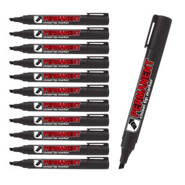 CROWN Permanent Markers Chisel Tip Markers - Pack Of 12 - Permanent Ink - Black - 2mm-5mm Line (875201)