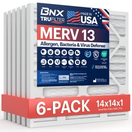 BNX BNX TruFilter 14x14x1 Air Filter MERV 13 (6-Pack) - MADE IN USA - Electrostatic Pleated Air Conditioner HVAC AC Furnace Filters for Allergies, Pollen, Mold, Bacteria, Smoke, Allergen, MPR 1900 FPR 10