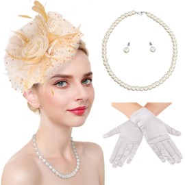 Ibeauti Fascinator Hats with Screentouch Lace Gloves Set for Women Tea Party Cocktail Wedding Derby Headwear Short Gloves (02 Champagne)