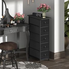 GiftGo Narrow Dresser Vertical Slim Dresser Chest of Drawers Skinny Storage Tower for Small Spaces Gaps Closet Bedroom Bathroom Small Fabric Drawer Unit (Charcoal Black, 5 Drawers)