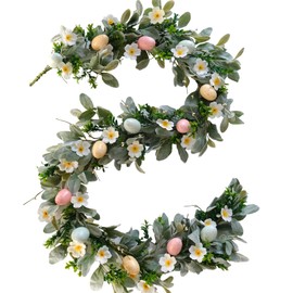 5.9 Feet Easter Eggs Wild Flowers Garland Wreath for Front Door, Spring Green Leaves Garland for Home Decoration, Lamb Ears Leaves for Indoor and Outdoor Use