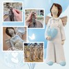 Handmade Ceramic Angel Figurine with Blue Heart in Natural Wooden