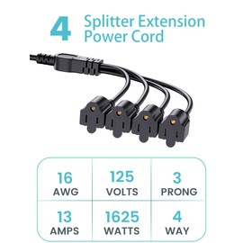 Power Splitter 3 Plug 16 AWG 1625W 13A SJTW Power Cord Splitter Gauge Heavy Duty Extension Cord Splitter 4 Way 3 Prong 1 to 4 Outlet for Indoor Use(1.7 FT Black)