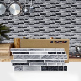 Vinyl 2D Grey Black Marble Tiles backsplash Peel and Stick Set of 25 Pcs 9.68 * 4.72 inch,Waterproof Wallpaper Tile Stickers for Kitchen Bathroom Restaurant Apartment Wall Renovation or Decor
