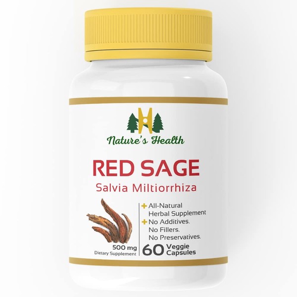Nature's Health Red Sage Salvia Miltiorrhiza - Circulation and Pressure Level Support - Dan Shen - 1000 mg per Serving - 60 Vegetarian Capsules - Non GMO