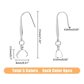 SUPERFINDINGS 30Pcs 5 Colors Earring Hooks Steel Pinch Bail Earring Hooks 31mm long Ear Wires Fish Hooks Earhook with Ice Pick Pinch Bails for Jewelry Making DIY Craft,Pin:0.5mm~0.8mm