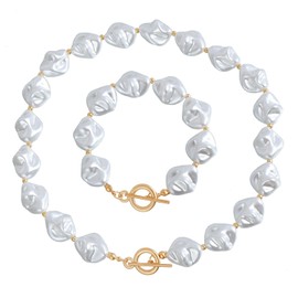 Baroque Pearl Necklace and Bracelet Set,Chunky Shell Choker with OT Clasp, Colorful Summer Beach Gemstone Dainty Vintage Jewelry Set for Women,White