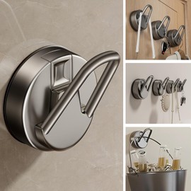 Boxonly Suction Cup Hook - Gun Gray Heavy Duty No Drill Wall Hook for Bathroom & Kitchen, 1-Pack, Waterproof Adhesive Towel and Robe Holder