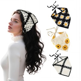 3 Pcs Hollow Crochet Hair Bandanas, Women Floral Crochet Headscarf with Hair Pins, Hair Scarf Headband for Girls Hair Accessories