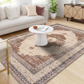 LIVEBOX Oriental Rugs for Living Room, Terracotta Washable Rug 6x9, Non-Slip Ultra-Thin Area Rug for Bedroom Low Pile Boho Indoor Floor Carpet Accent Dining Room Rug for Office