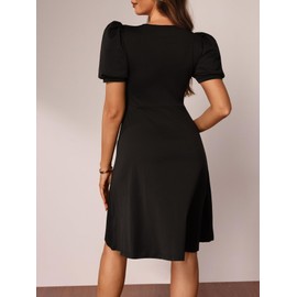 winkbay Women's Puff Short Sleeve Button Front Dress Elegant Crew Neck A Line Flowy Dresses Black Large