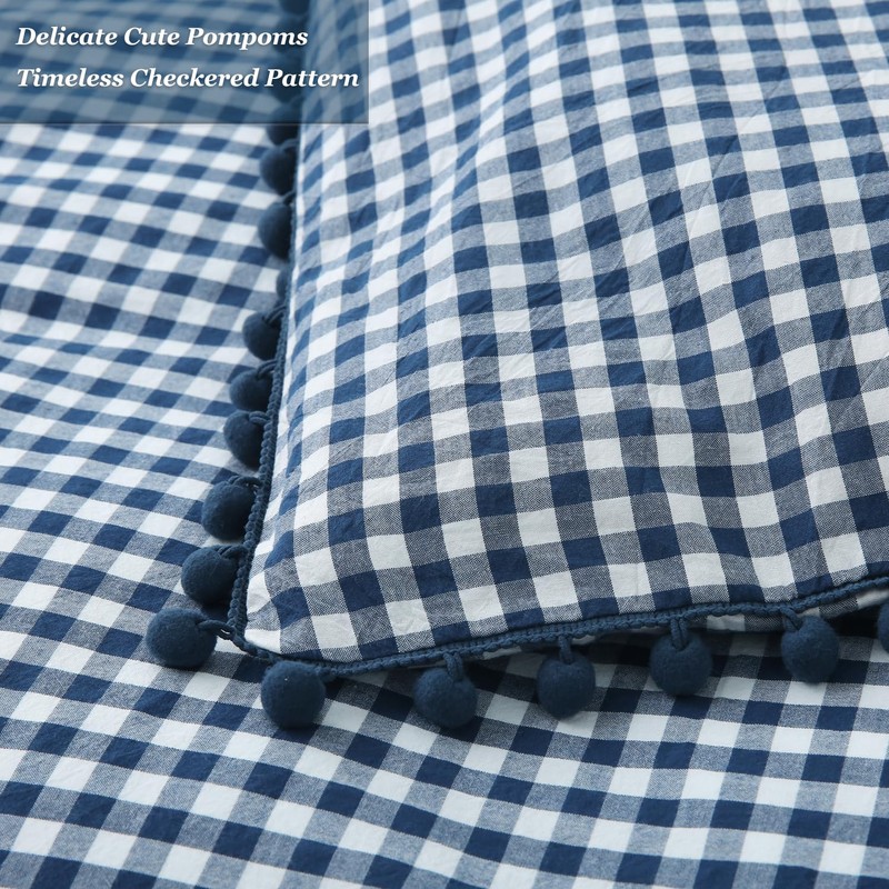 Mywinlle Navy Blue Gingham Pompom Duvet Cover Bedding Set Queen