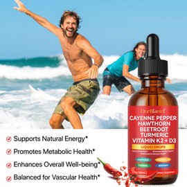 Cayenne Pepper Drops, 60ml Cayenne Pepper Hawthorn Beet Root Turmeric Curcumin, Vitamin K2 & D3, Cayenne Health Supplements, Gentle Formula, Vegan-Friendly, Easily Absorbed