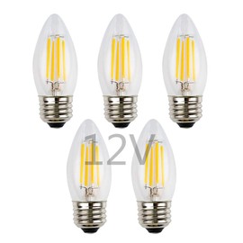 OPALRAY 4W Low Voltage DC/AC 12V LED Bulb, Dimmable with DC Dimmer, E26 Medium Base, Warm White Light, Clear Glass Torpedo Tip, 400Lm 40W Incandescent Equivalent, 12V-24V DC Power Input, 5 Pack