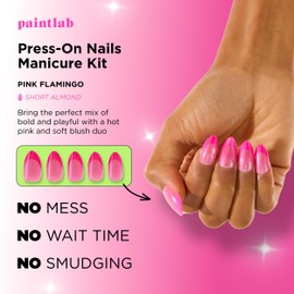 PaintLab Press-On Nails Manicure Kit, Pink Flamingo, 30-Piece Set, Long-Lasting Fake Nails with Glue, File, Prep Pad & Cuticle Stick