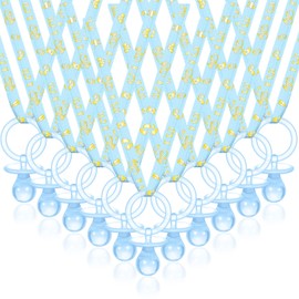 Junkin 60 Pieces Baby Shower Pacifiers Necklace Acrylic Baby Pacifiers Party Favors Pacifiers Charm Pacifiers Necklace for Girls Boys Baby Shower Party Decorations, Boy Style (Blue, Gold)