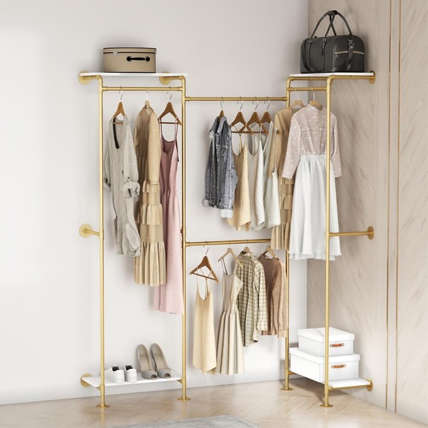 KaKaBB Industrial Pipe Clothing Rack, Adjustable Gold Corner Clothes Rack