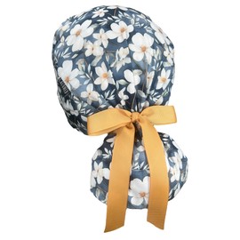 CALOMED Scrub Cap for Women and Men, Ponytail Scrub Caps, Working Hat, Head Cover with Ribbon Ties and Buttons, Long Hair (White Flowers on Gray)