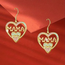 Mother's Day MAMA Dangle Earrings Rhinestone Heart Drop Dangle Earrings Mother's Day Birthday Love Jewelry Gift for Mom-Gold