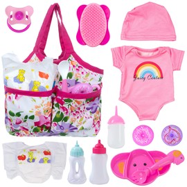 Ecore Fun 13 Piece Baby Accessories - Doll Feeding & Caring Set Includes Diaper Bag, Clothes, Diapers, Baby Bottles, Dinner Plate, Pacifier, Comb - Pretend Play Set for Toddlers & Kids