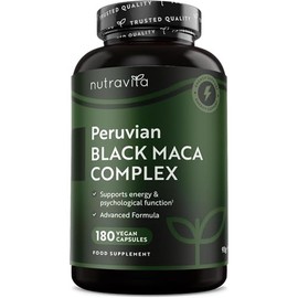 Schwarzer Maca Komplex 6000mg mit Zink Ginseng, Bockshornklee, L Arginin, Vitamin B6 & Vitamin B12 für Energiestoffwechsel und Psychischen Funktion (EFSA) 180 Maca Kapseln für 6 Monate - Nutravita
