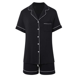 Celucke Women's Summer Pajama Set, Soft Breathable Sleepwear Short Sleeve Top with Comfortable Shorts Nightwear Set, Satin Pyjamas For Women, Pj Shorts Set, Ladies Comfort Lounge Wear Black