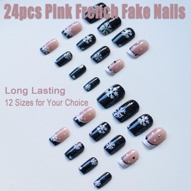 Black French Fake Nails Short,24pcs Black Pink Snow Diamond False Nails Glossy,Black French Press on Nails,Acrylic French Stick on Nails with Glue,Full Cover Fake Nails Home DIY Manicure Nail Art