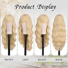 FESHFEN Long Light Blonde Wig with Fringe for Women Natural Synthetic Wavy Curly Wavy Hair Heat Resistant Women's Wigs for Daily Party Cosplay 65 cm