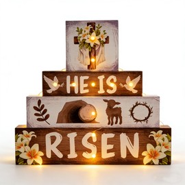 Religious Easter Decorations Indoor - Led Cross Christian Decor He Is Risen Light up Happy Easter Wooden Sign for Table Religious Home Office Indoor Decor 9 × 9 Inch