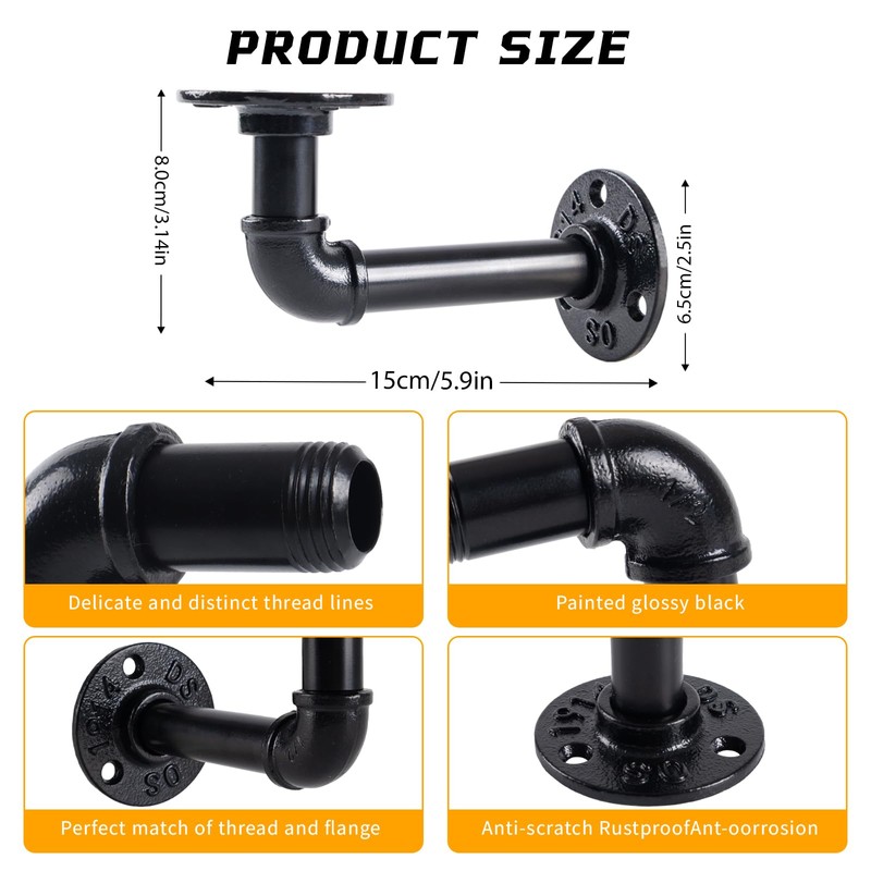 HBLYJS L-Shaped Industrial Pipe Shelf Brackets, Black Metal Wall-Mounted Floating