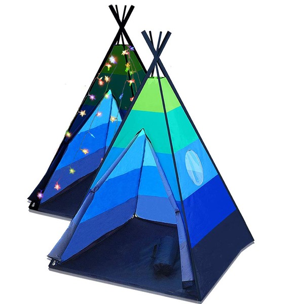 LimitlessFunN Teepee Kids Play Tent Bonus Star Lights & Carrying Case for Girls & Boys, Indoor & Outdoor Use (Blue)