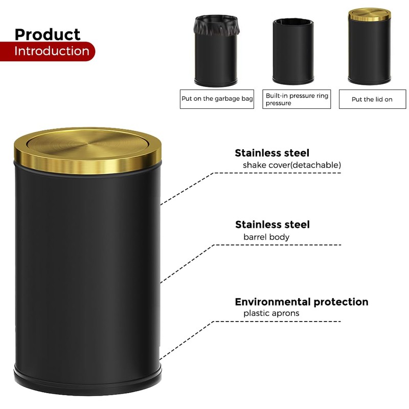 LEASYLIFE Black and Gold Bathroom Trash Can,Bathroom Garbage can with