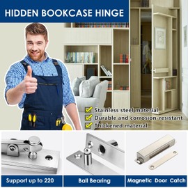 Heavy Duty Pivot Hinge Set with Magnetic Door Catch for Wood Door, HBL' Hidden Door Hinge for Secret Door, Swing Door, with 360 Degree Rotation, Invisible Pivot Door Hardware for Bookshelf.