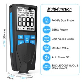 MESTEK Paint Thickness Meter 0-1500um with LCD Display 2 Measuring Modes High/Low Alarm for Paint Thickness of Cars, Devices, Computers and Cabinets