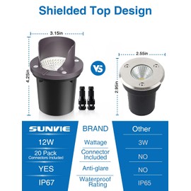 SUNVIE 12 Pack Low Voltage Landscape Lighting 12W LED Outdoor In-Ground Waterproof Shielded Well Lights Warm White Paver Lights with Wire Connectors for Pathway Garden Yard Fence Deck