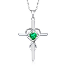 RIVIKO Cross May Birthstone Necklace for Women,925 Sterling Silver Heart Pendant Necklaces Trendy,Cross Jewelry Anniversary Birthday Christmas Day Jewelry Gifts for Mom Wife Girlfriend Her