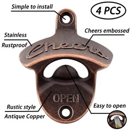 Luwanburg Cheers Bottle Opener Wall Mounted Beer Cap Opener Old Fashioned, Unique Soda Bottle Top Opener Post Mounted Antique Copper Gift (Pack of 4)