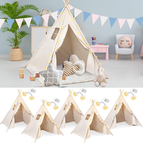 Woanger 6 Set Teepee Tent for Kids with 10ft Light String Set Foldable Play Tent White Cotton Canvas Child Tent LED Star Lights for Indoor Outdoor Playhouse Toddler Girls Boys House Room Decor