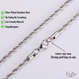 Kritz Cord Chain Rope Silver Width 2 mm Chain for Women Men - Rope Necklace Stainless Steel Silver Plated 18 K Length 40-50 cm - Rope Chain Jewellery Gifts, Stainless Steel