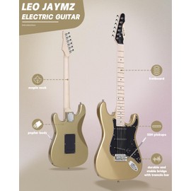 Leo Jaymz 39" Full Size ST Style Electric Guitar Starter Kit with SSS Pickups, 5W Portable Amp, Tuner, Gig Bag, Strap & Accessories(Gold 5W)